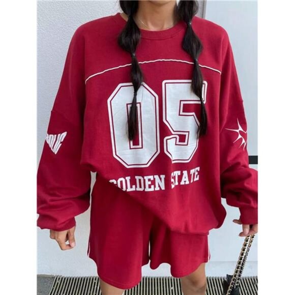 Variété Boutique Tops - Women's Letter & Number Print Crew Neck Long Sleeve Top And Loose Shorts Set